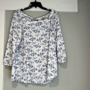 LOFT White Blouse with Blue Floral Design